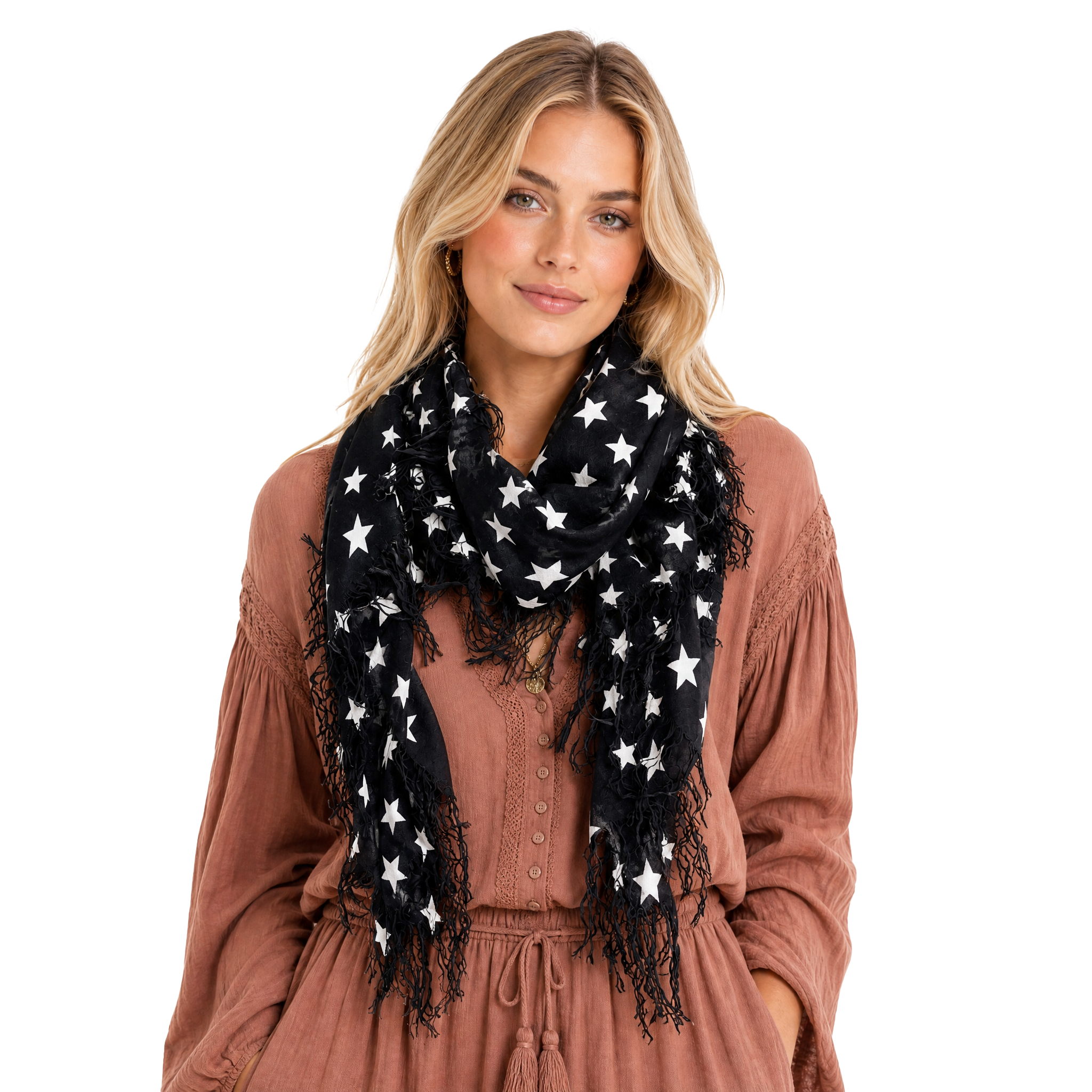 Cashmere Blend stars Half Scarf - Black/White