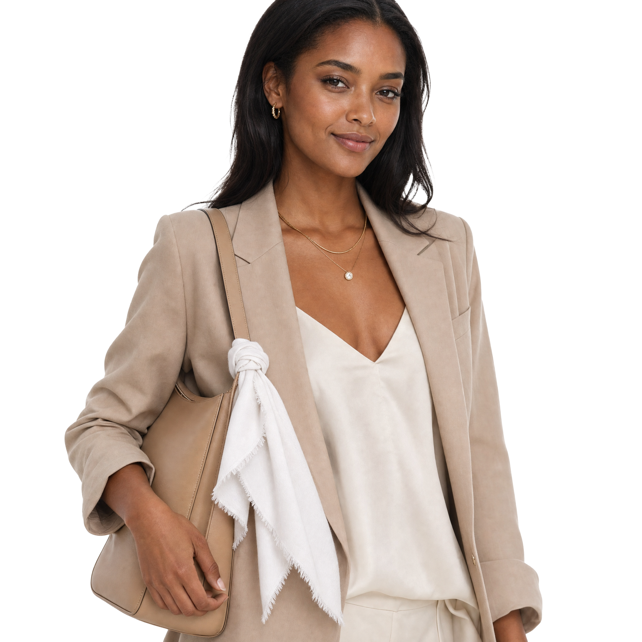 Blue Pacific cashmere blend solid neckerchief in Brilliant White, knotted on a handbag.
