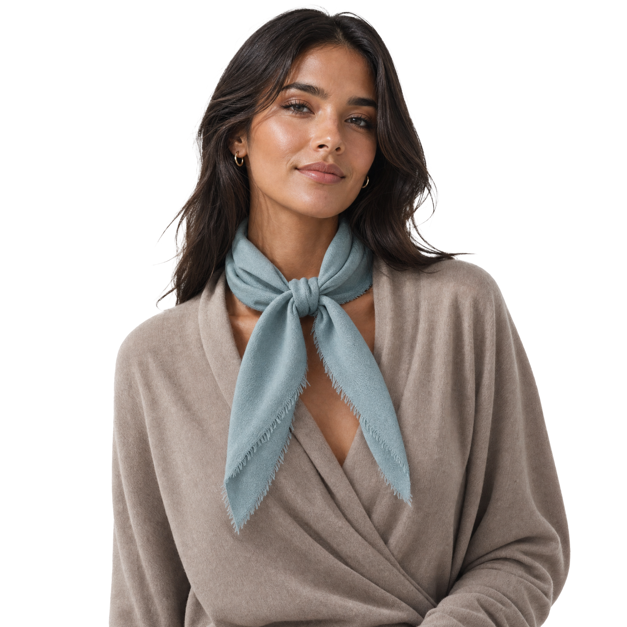 Blue Pacific cashmere blend solid neckerchief in Dusty Teal, styled on a model.