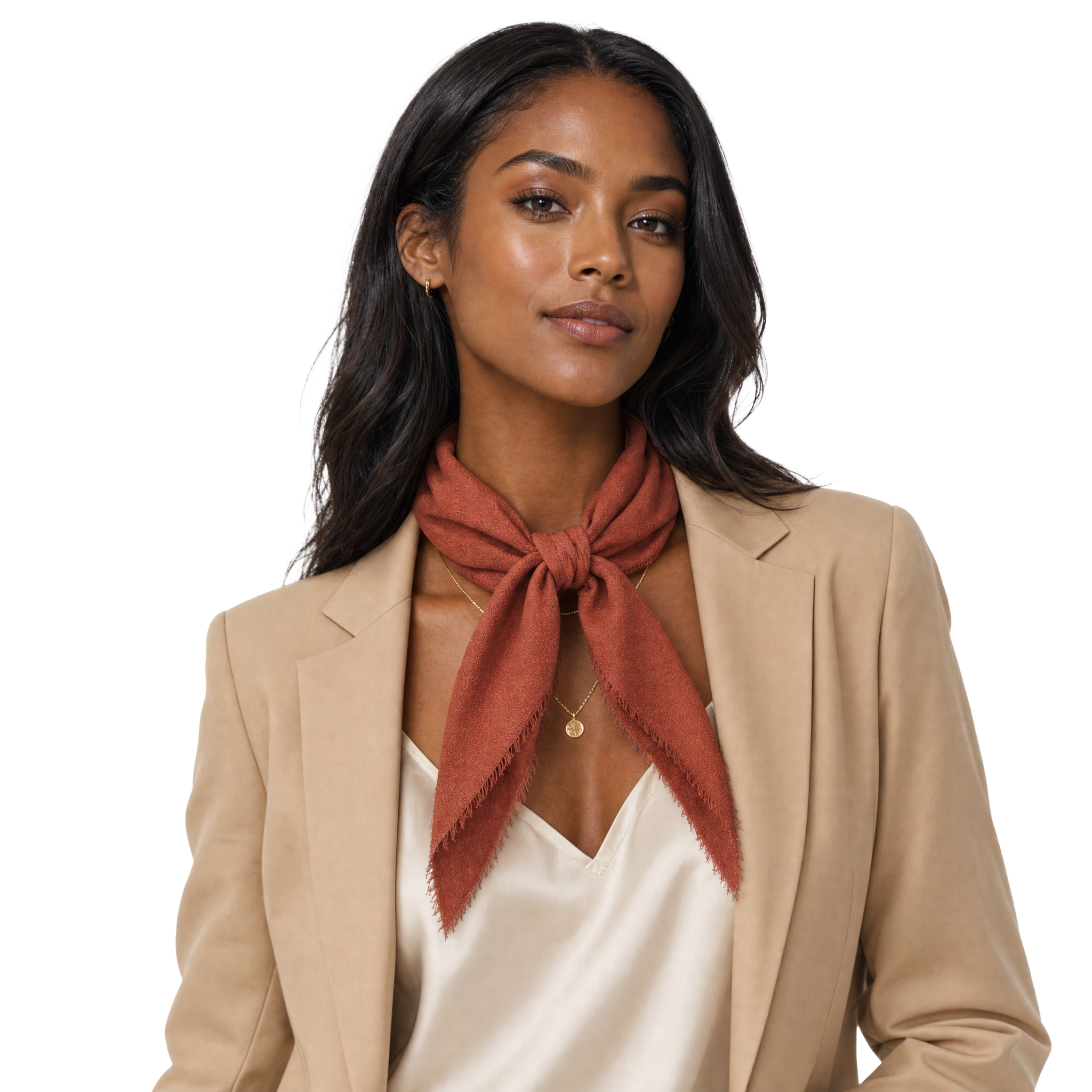Blue Pacific cashmere blend solid neckerchief in Henna, styled on a model.