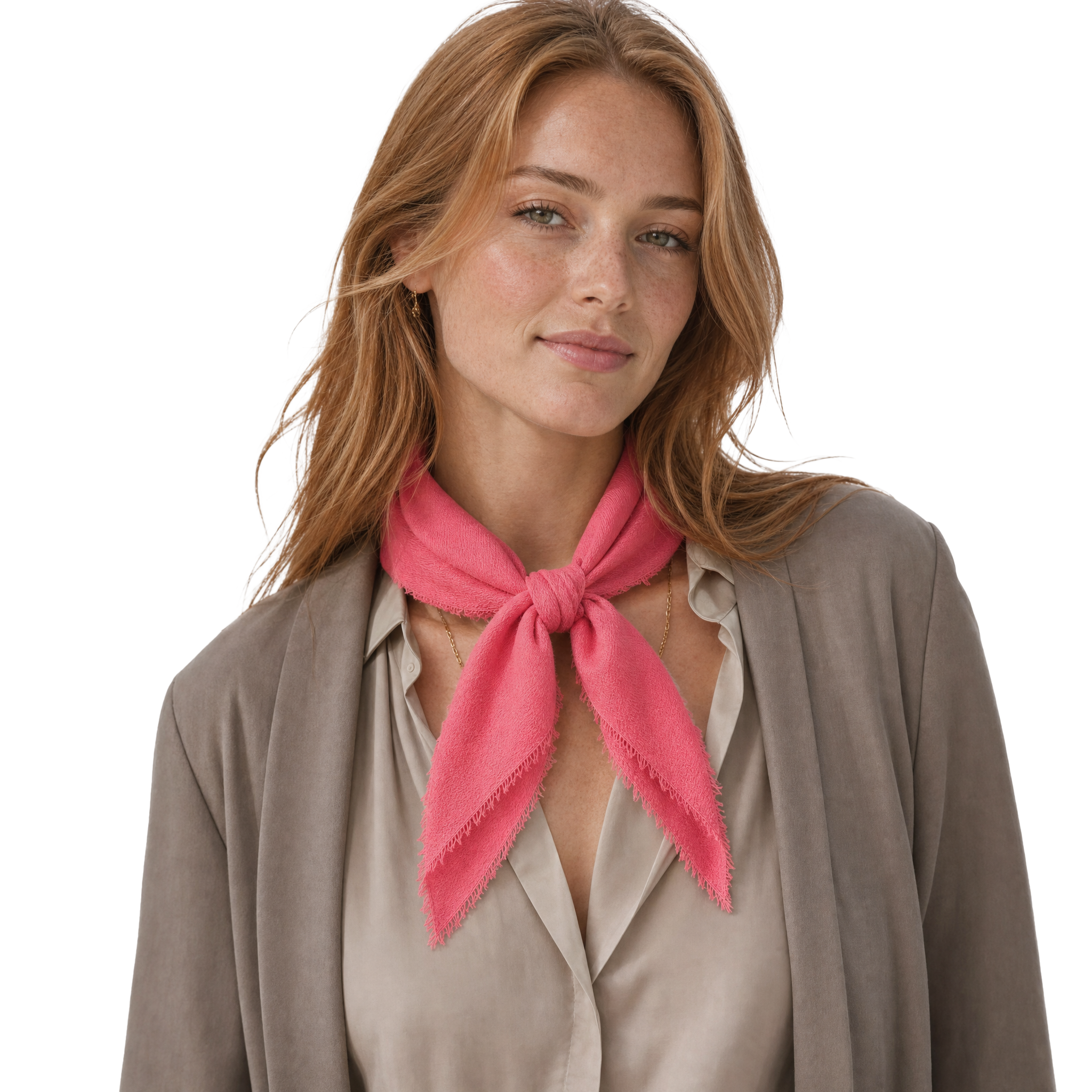 Blue Pacific cashmere blend solid neckerchief in Raspberry, styled on a model.