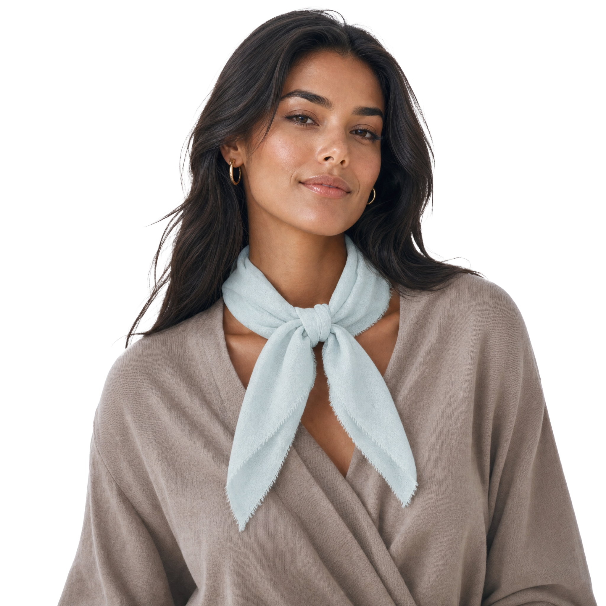 Blue Pacific cashmere blend solid neckerchief in Spa Blue, styled on a model.