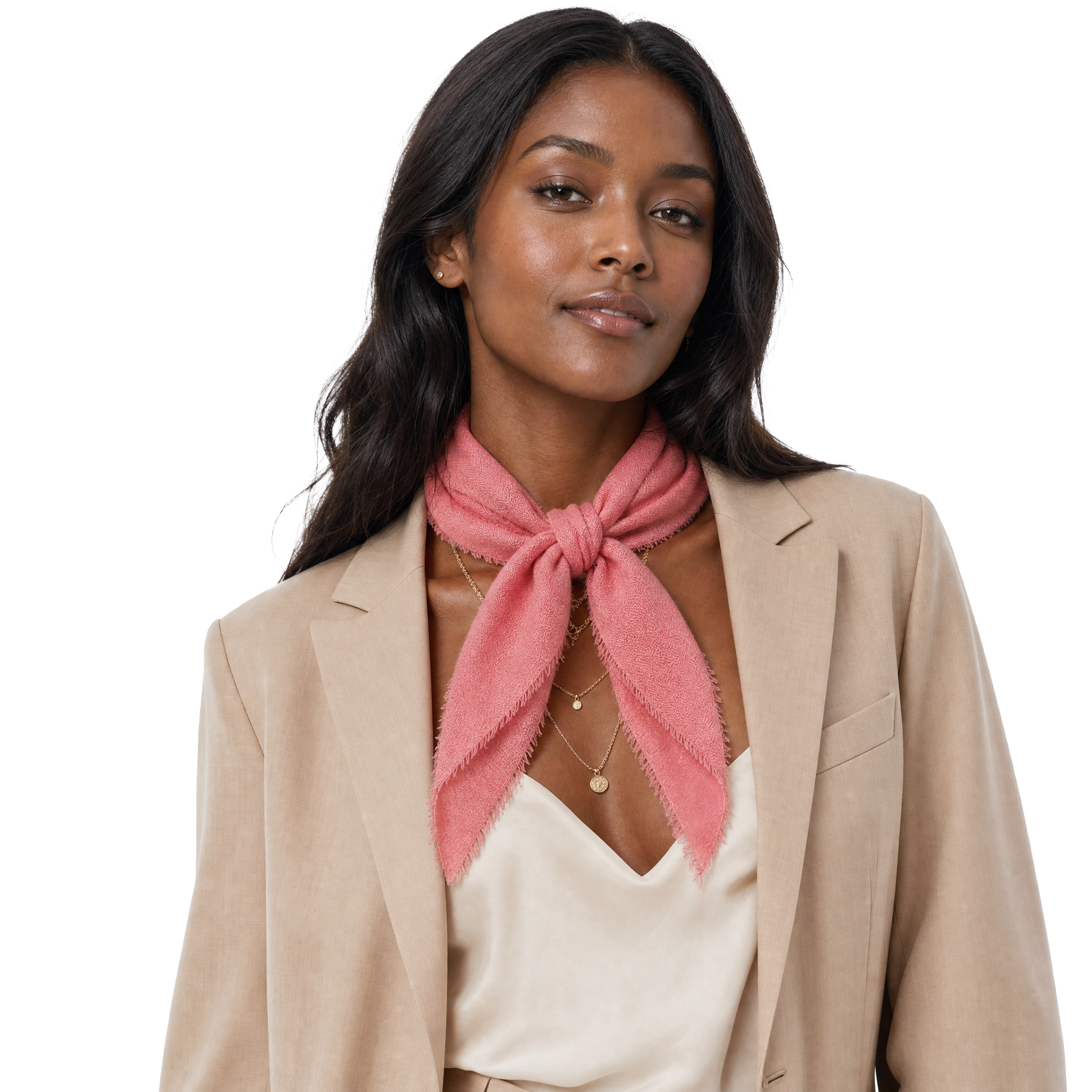 Blue Pacific cashmere blend solid neckerchief in Tea Rose, styled on a model.