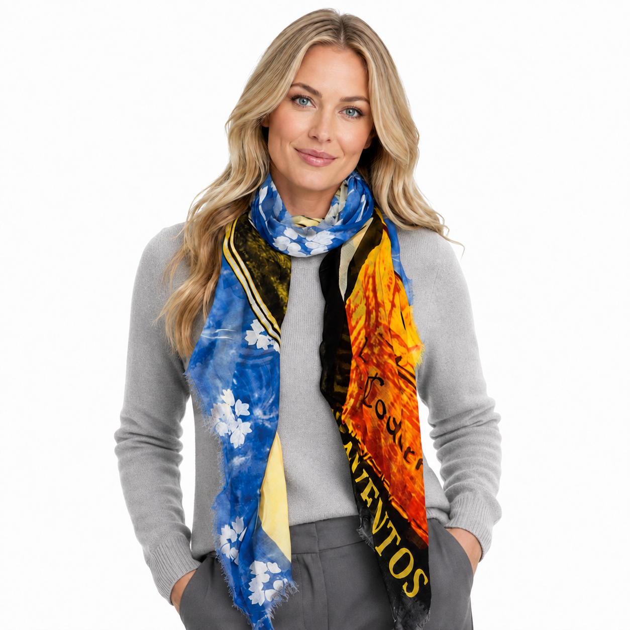 Blue Pacific Cava Belle Scarf in Cloud, shown lifestyle (image 1).