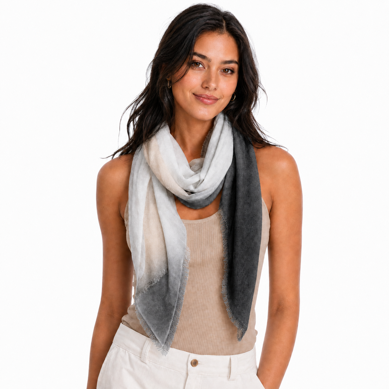 Blue Pacific Cashmere Blend Vintage Dip Dye half scarf in Black/Gold, styled on a model.
