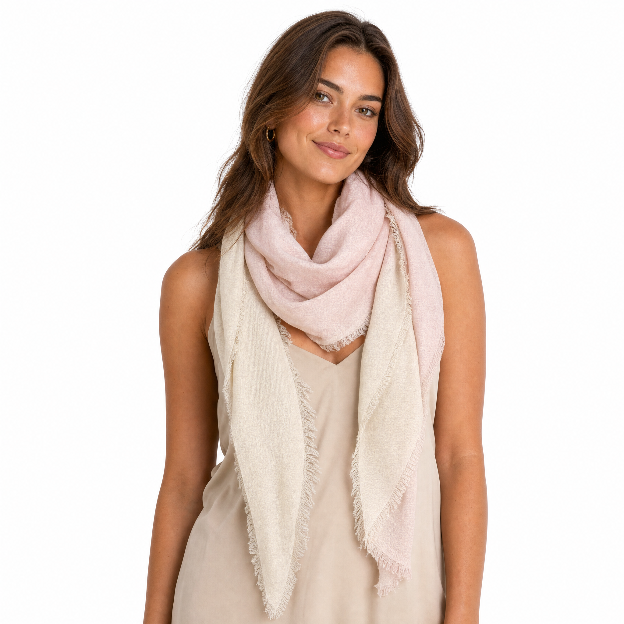 Blue Pacific Cashmere Blend Vintage Dip Dye half scarf in Chalk/Cloud, styled on a model.