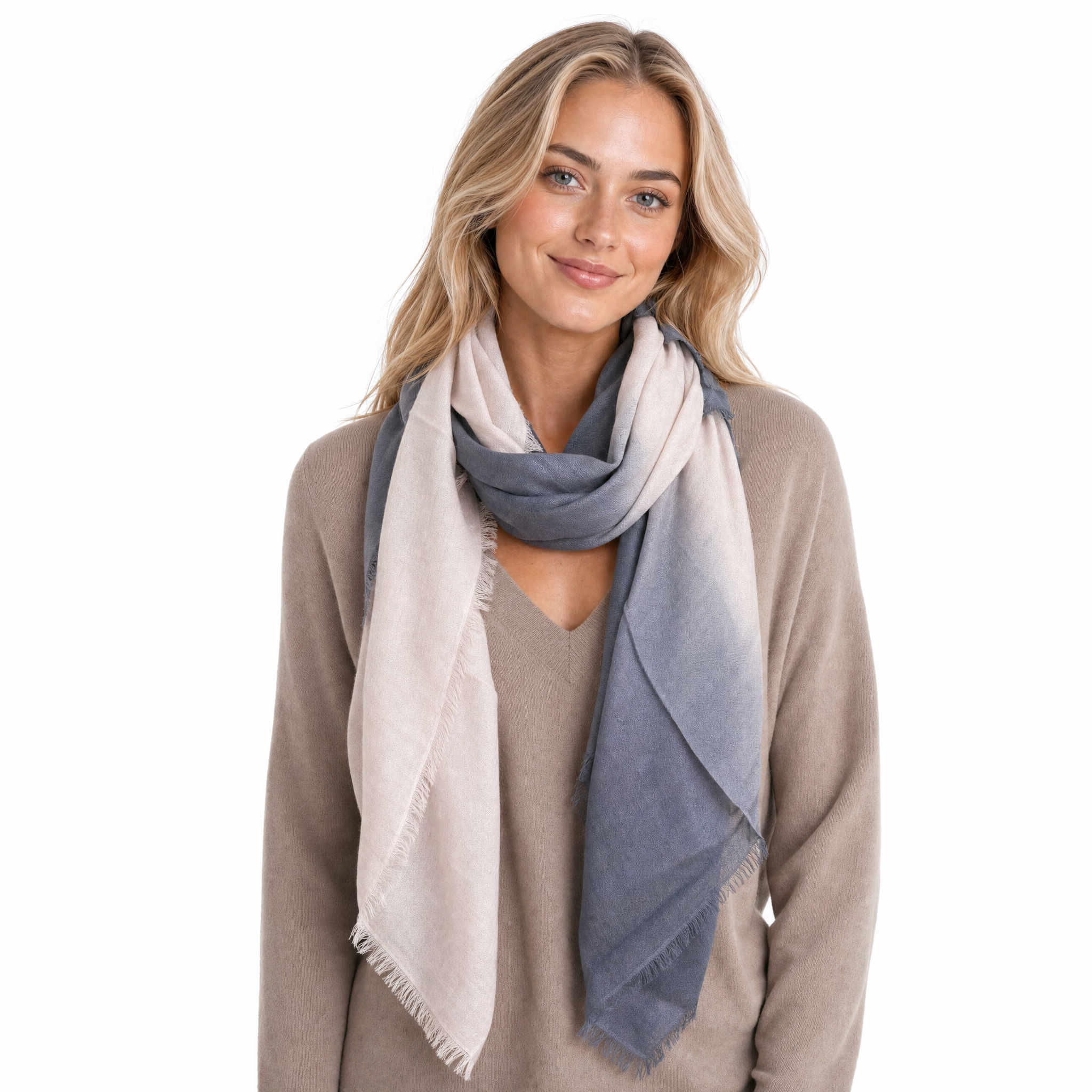 Blue Pacific Cashmere Blend Vintage Dip Dye half scarf in Charcoal/Rose, styled on a model.