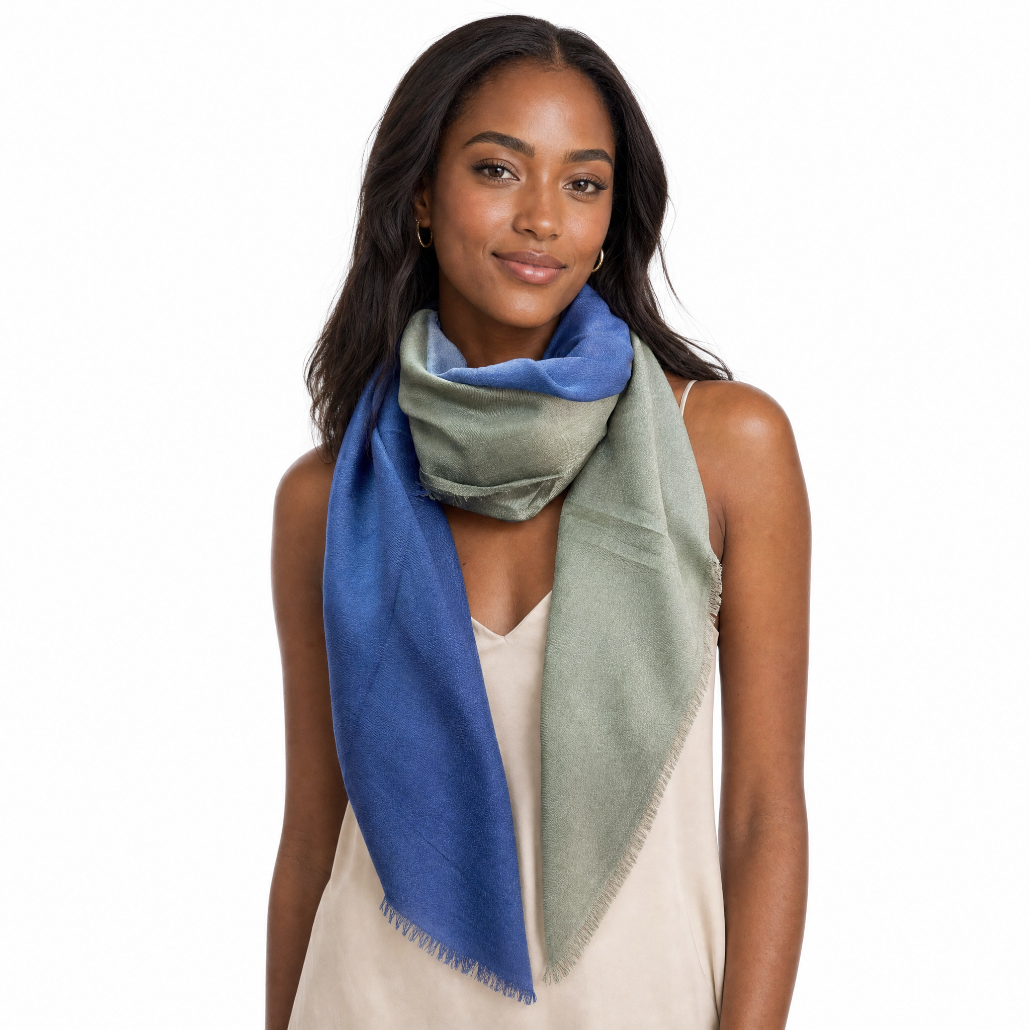 Blue Pacific Cashmere Blend Vintage Dip Dye half scarf in Indigo/Olive, styled on a model.
