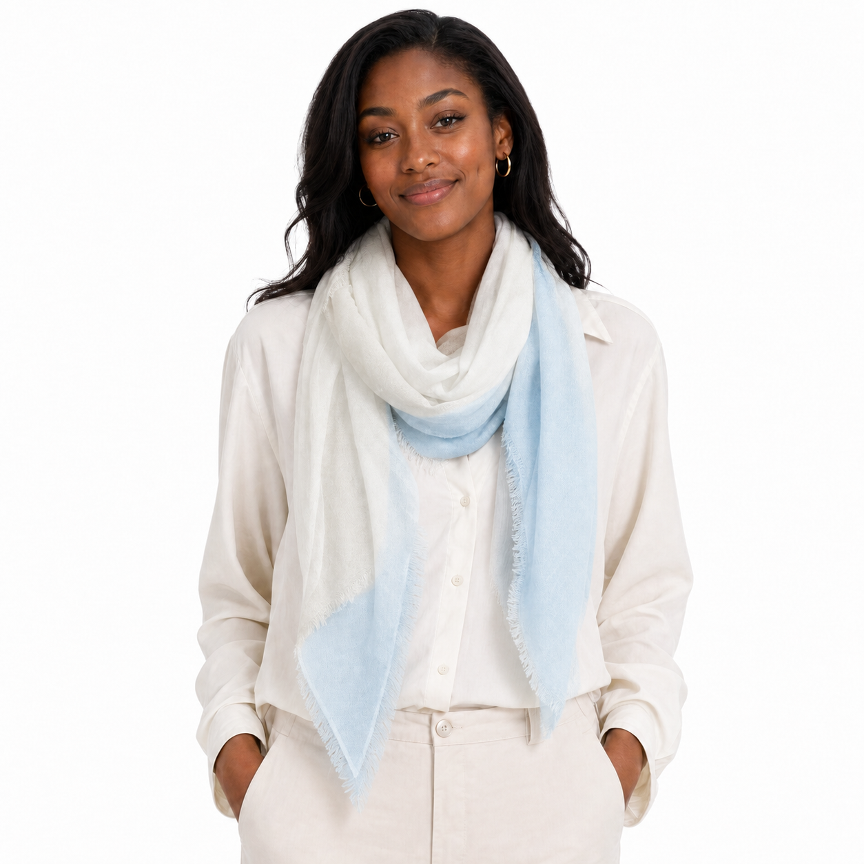 Blue Pacific Cashmere Blend Vintage Dip Dye half scarf in Vanilla Ice, styled on a model.